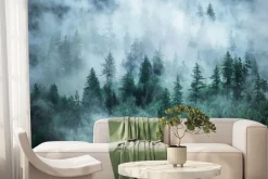 Fototapeta: Las iglasty we mgle w chłodnych odcieniach