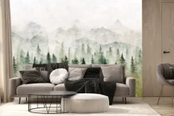 Fototapeta: Las we mgle i góry akwarela