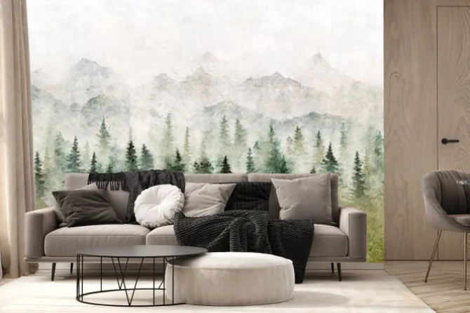 Fototapeta: Las we mgle i góry akwarela