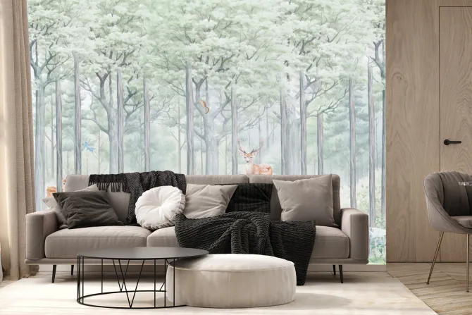 Fototapeta: Las z dzikimi zwierzętami wilk i jeleń