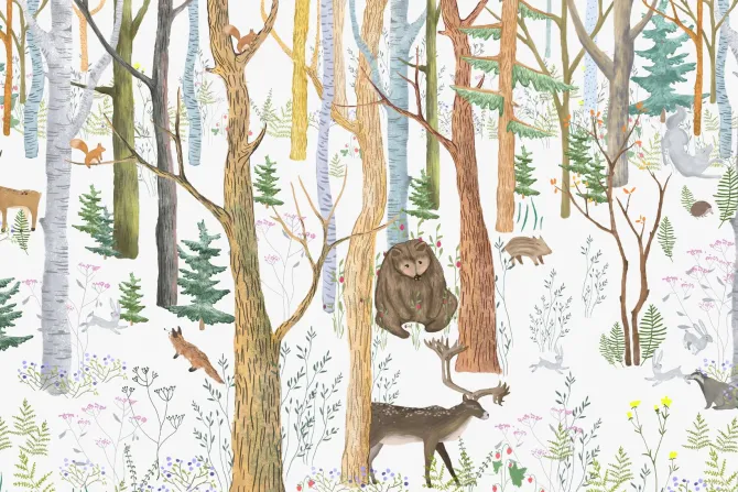 Fototapeta: Las ze zwierzętami i bujną roślinnością