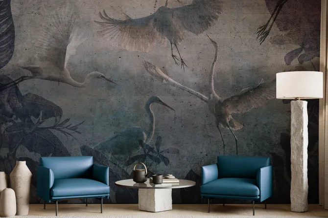 Fototapeta: Latające żurawie i tropikalne liście wzór na betonowej teksturze