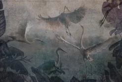 Fototapeta: Latające żurawie i tropikalne liście wzór na betonowej teksturze