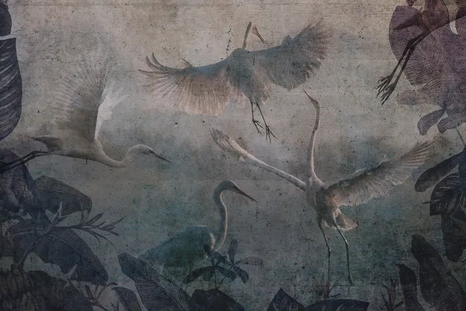 Fototapeta: Latające żurawie i tropikalne liście wzór na betonowej teksturze