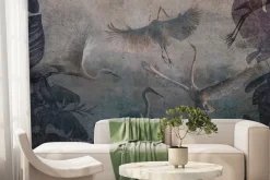 Fototapeta: Latające żurawie i tropikalne liście wzór na betonowej teksturze