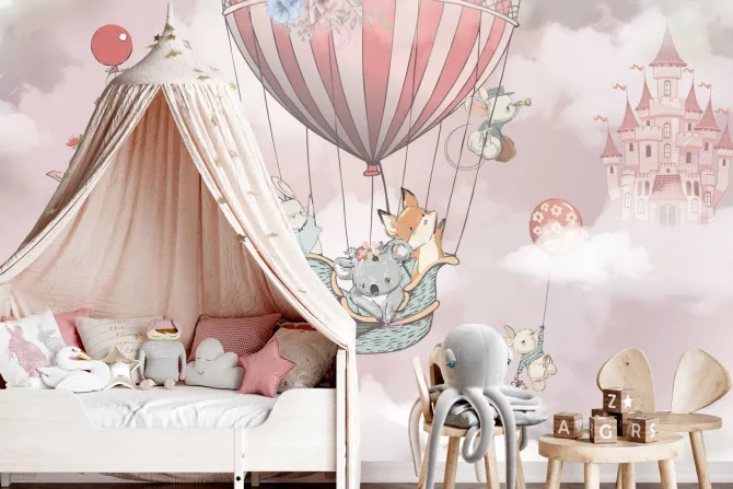 Fototapeta: Latający lis z koalą i zającem w balonie