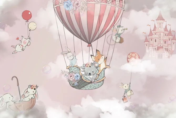 Fototapeta: Latający lis z koalą i zającem w balonie