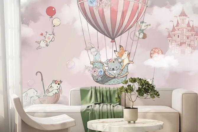 Fototapeta: Latający lis z koalą i zającem w balonie
