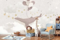 Fototapeta: Latający wieloryb z balonami wśród gwiazd i chmur