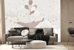 Fototapeta: Latający wieloryb z balonami wśród gwiazd i chmur