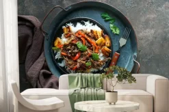 Fototapeta: Latin america food .ropa vieja with fried plantains and rice.