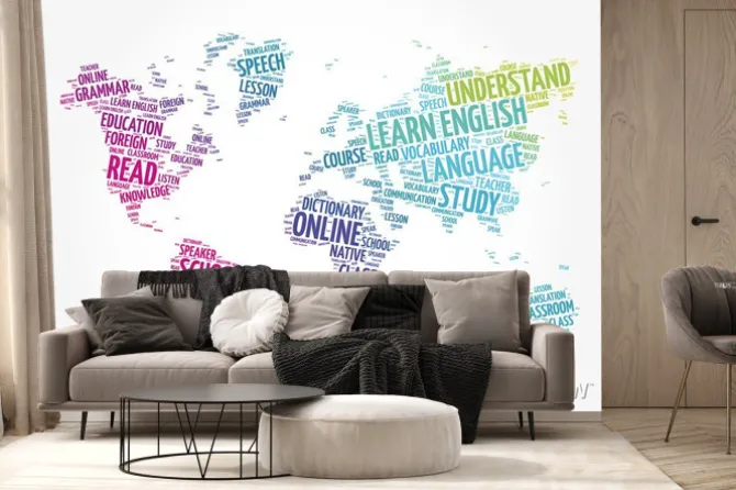 Fototapeta: Learn english word cloud in shape of world map, education concept
