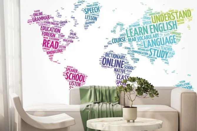 Fototapeta: Learn english word cloud in shape of world map, education concept