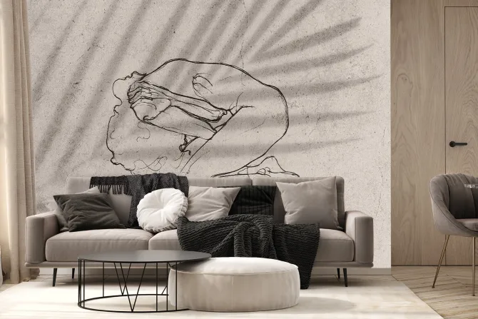 Fototapeta: Leżąca kobieta na tle liścia palmowego