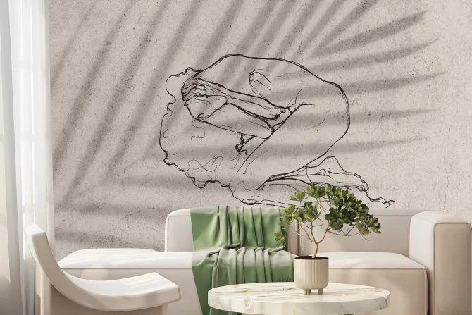 Fototapeta: Leżąca kobieta na tle liścia palmowego