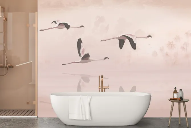 Fototapeta: Lecące ptaki na tle palm i chmur