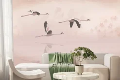 Fototapeta: Lecące ptaki na tle palm i chmur