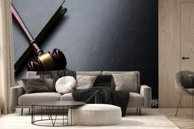 Fototapeta: Legal law and justice concept - open law book with a wooden judges