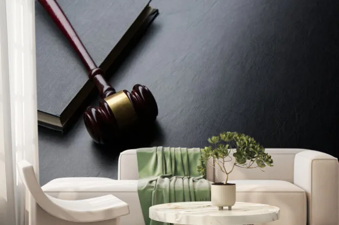 Fototapeta: Legal law and justice concept - open law book with a wooden judges