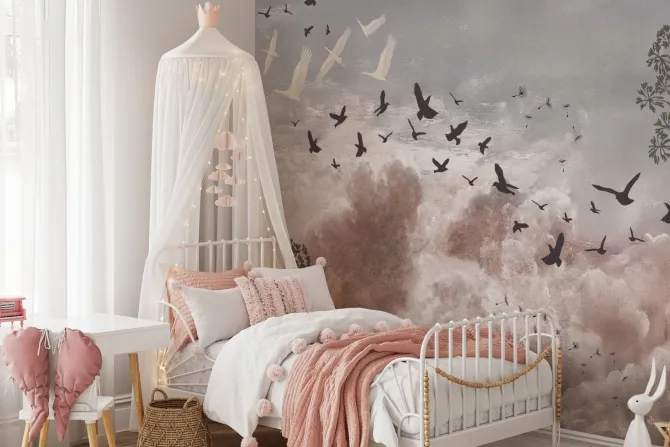 Fototapeta: Lekkie dmuchawce i ptaki na pastelowym tle nieba