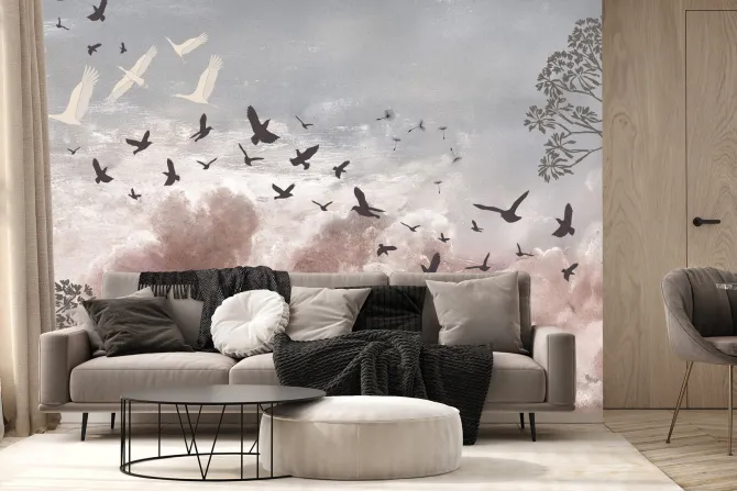 Fototapeta: Lekkie dmuchawce i ptaki na pastelowym tle nieba