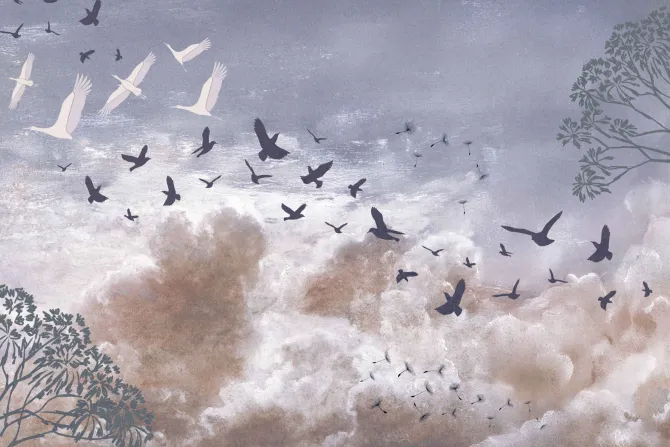 Fototapeta: Lekkie dmuchawce i ptaki na pastelowym tle nieba