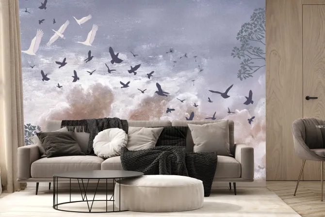 Fototapeta: Lekkie dmuchawce i ptaki na pastelowym tle nieba