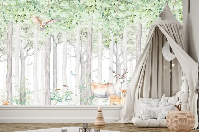 Fototapeta: Leśna roślinność z jeleniem i sarną