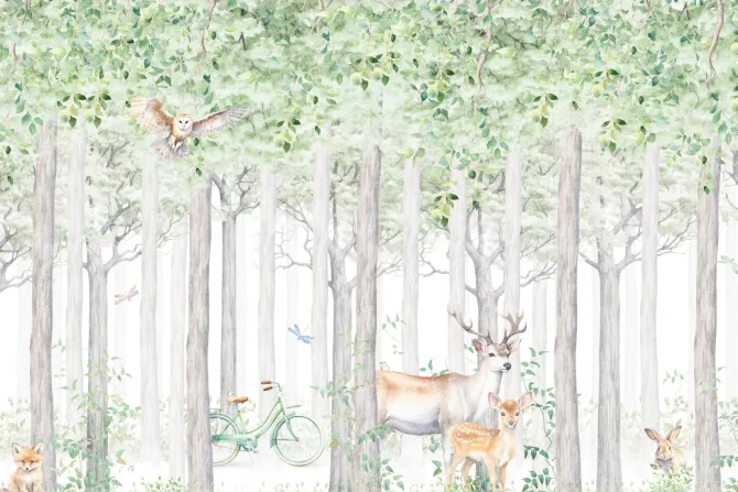 Fototapeta: Leśna roślinność z jeleniem i sarną