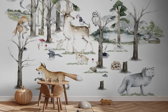 Fototapeta: Leśna sceneria z dzikimi zwierzętami