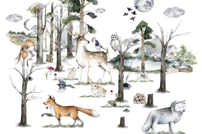 Fototapeta: Leśna sceneria z dzikimi zwierzętami