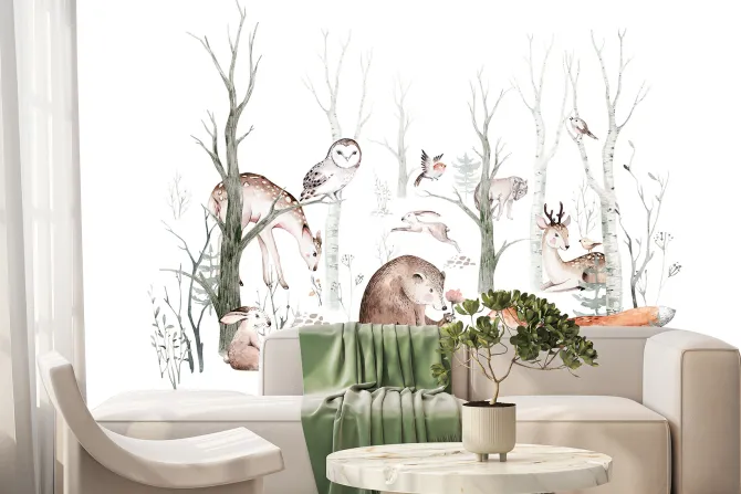 Fototapeta: Leśne zwierzęta w akwarelowym krajobrazie lasu