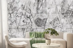 Fototapeta: Leśne zwierzęta liście i drzewa geometryczne tło