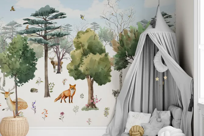 Fototapeta: Leśny krajobraz ze zwierzątkami w stylu akwareli