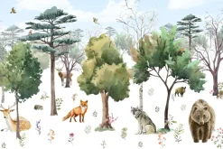 Fototapeta: Leśny krajobraz ze zwierzątkami w stylu akwareli
