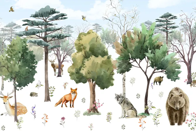 Fototapeta: Leśny krajobraz ze zwierzątkami w stylu akwareli