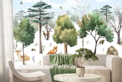 Fototapeta: Leśny krajobraz ze zwierzątkami w stylu akwareli