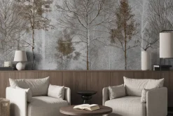 Fototapeta: Leśny motyw z wysokimi drzewami i szarym tłem