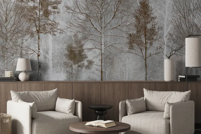 Fototapeta: Leśny motyw z wysokimi drzewami i szarym tłem