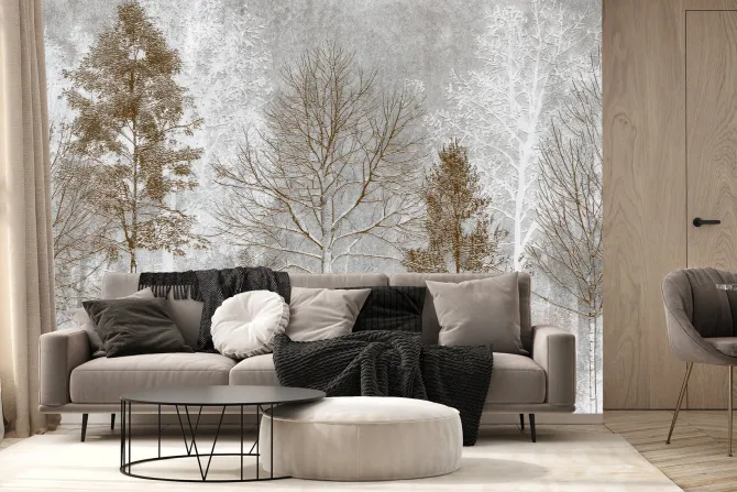 Fototapeta: Leśny motyw z wysokimi drzewami i szarym tłem