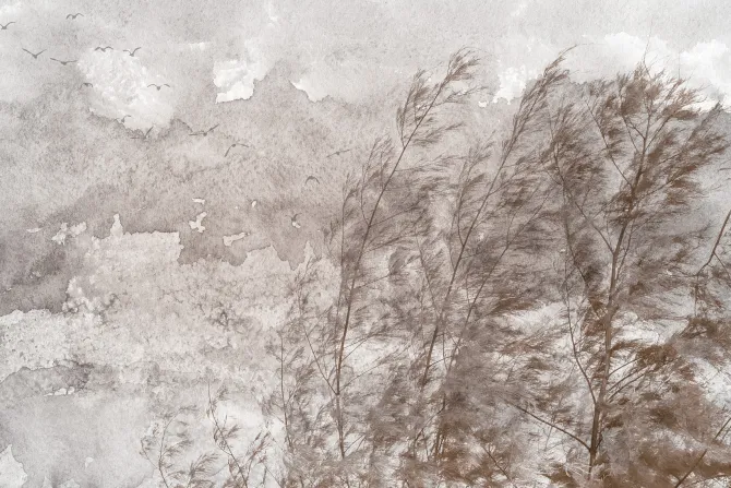 Fototapeta: Liściaste drzewa na wietrze wśród ptaków