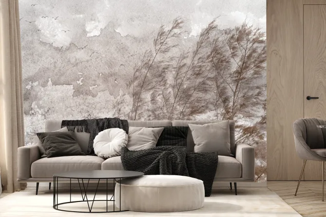 Fototapeta: Liściaste drzewa na wietrze wśród ptaków