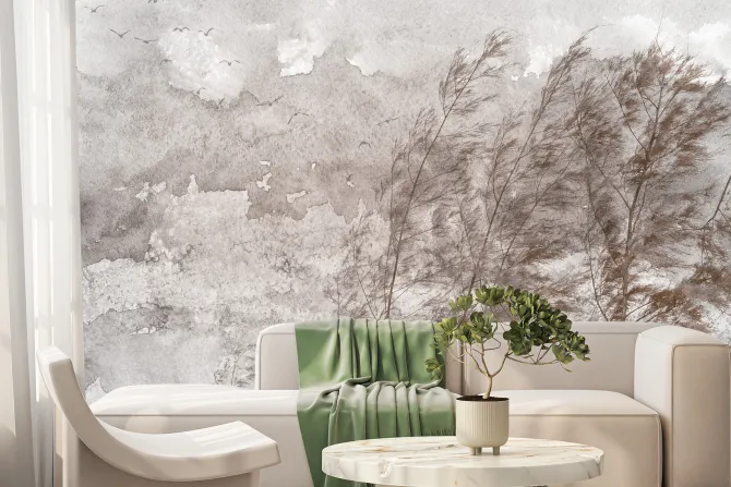 Fototapeta: Liściaste drzewa na wietrze wśród ptaków