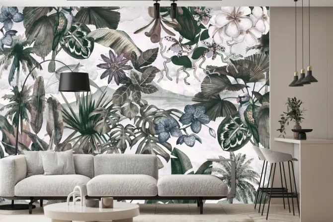 Fototapeta: Liście i kwiaty w retro dżungli