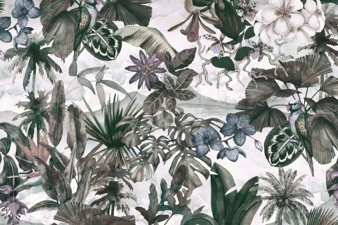 Fototapeta: Liście i kwiaty w retro dżungli