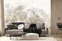 Fototapeta: Liście i kwiaty lilii malowane na murze