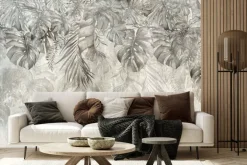 Fototapeta: Liście monstery palmy i bananowca w szarości