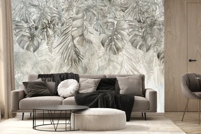 Fototapeta: Liście monstery palmy i bananowca w szarości