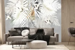 Fototapeta: Liście palm i paproci wśród ptaków