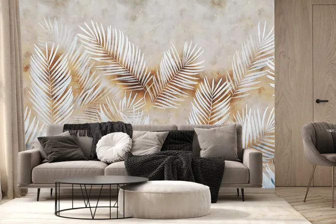 Fototapeta: Liście palm na niebiesko-brązowym tle